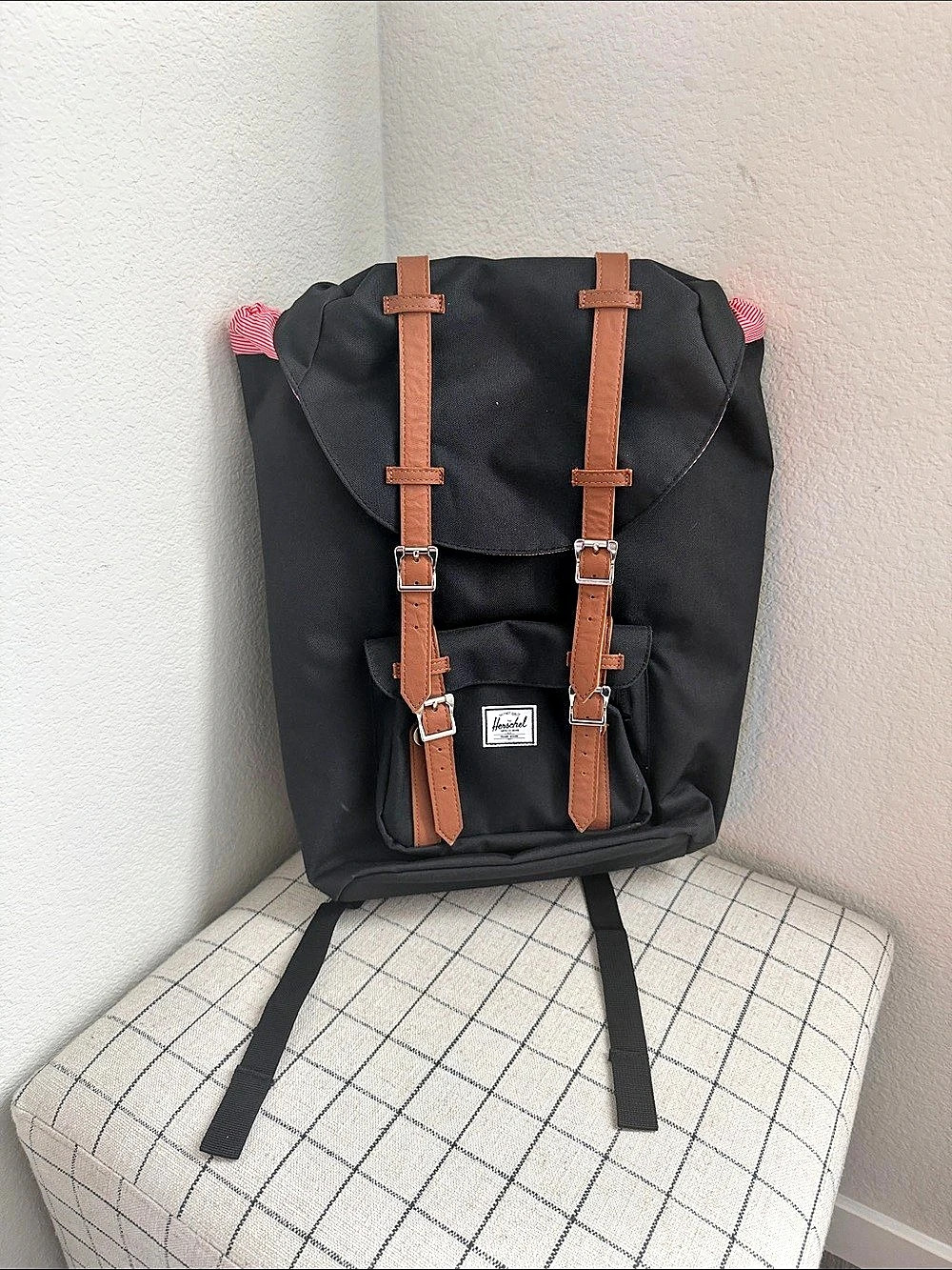 Herschel Supply Co. Little America Black Backpack with Brown Straps Red Stripes